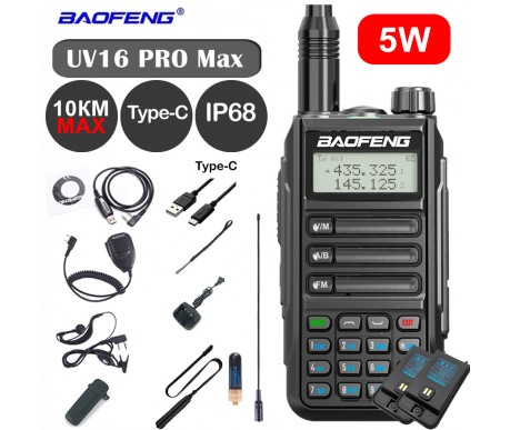 Рация (радиостанция) Baofeng Black UV-16 Pro Max V1 (5W) IP68 Type-C (2 АКБ) - UV-16-PRO-MAX-V1