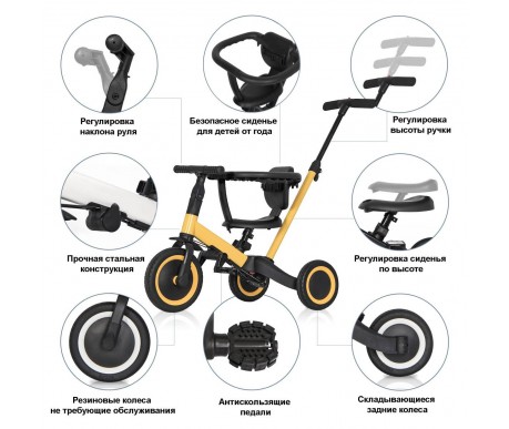 Детский беговел-велосипед 8в1 с крышей и ручкой, желтый - TR008C-YELLOW