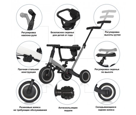 Детский беговел-велосипед 8в1 с крышей и ручкой, серый - TR008C-GREY