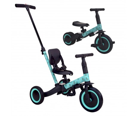 Детский беговел-велосипед 4в1 с родительской ручкой, зеленый с рисунком - TR007-CYAN-PAINT