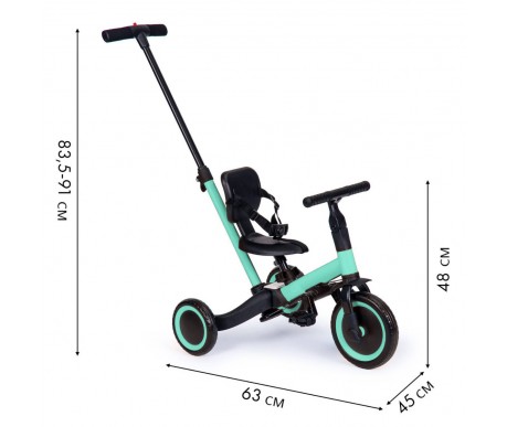 Детский беговел-велосипед 4в1 с родительской ручкой, зеленый с рисунком - TR007-CYAN-PAINT