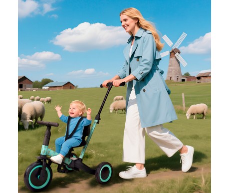 Детский беговел-велосипед 4в1 с родительской ручкой, зеленый с рисунком - TR007-CYAN-PAINT