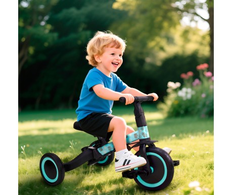 Детский беговел-велосипед 4в1 с родительской ручкой, зеленый с рисунком - TR007-CYAN-PAINT