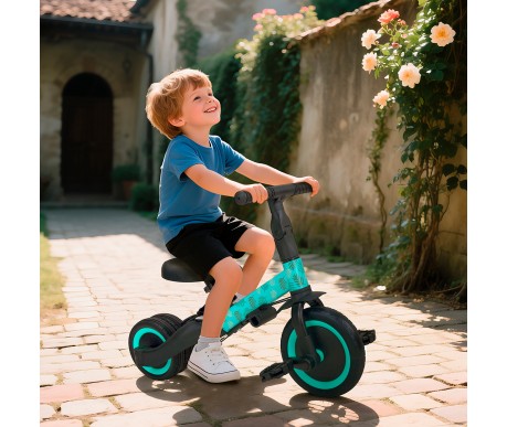 Детский беговел-велосипед 4в1 с родительской ручкой, зеленый с рисунком - TR007-CYAN-PAINT