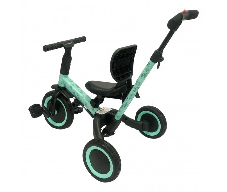 Детский беговел-велосипед 4в1 с родительской ручкой, зеленый с рисунком - TR007-CYAN-PAINT