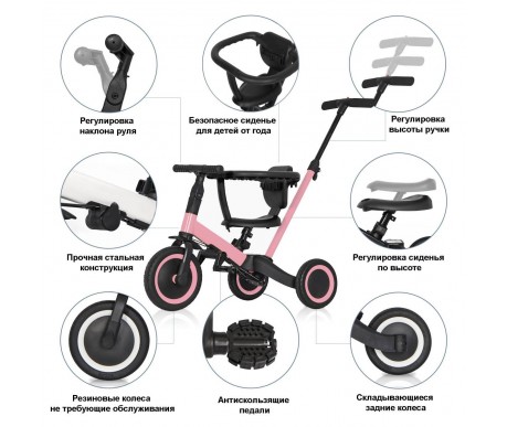 Детский беговел-велосипед 6в1 с родительской ручкой, розовый с рисунком - TR008-PINK-PAINT
