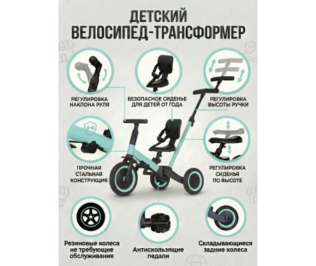 Детский беговел-велосипед 4в1 с родительской ручкой, зеленый - TR007-CYAN