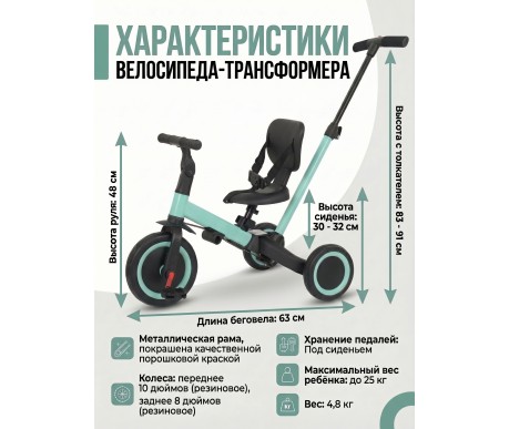Детский беговел-велосипед 4в1 с родительской ручкой, зеленый - TR007-CYAN