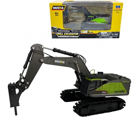 Металлический экскаватор с отбойным молотом HUI NA TOYS масштаб 1:50 - HN1723-GREEN