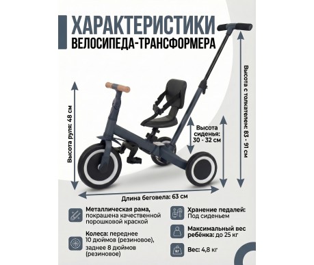 Детский беговел-велосипед 4в1 с родительской ручкой, темно-серый - TR007-DARK-GREY