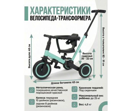 Детский беговел-велосипед 6в1 с родительской ручкой, зеленый - TR008-CYAN
