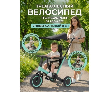 Детский беговел-велосипед 8в1 с крышей и ручкой, зеленый - TR008C-CYAN