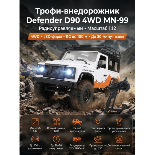 Радиоуправляемый внедорожник Defender D90 4WD 1:12 - MN-99-WHITE
