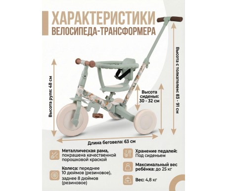 Детский беговел-велосипед 8в1 с крышей и ручкой, бежевый с рисунком - TR008C-BEIGE-PAINT