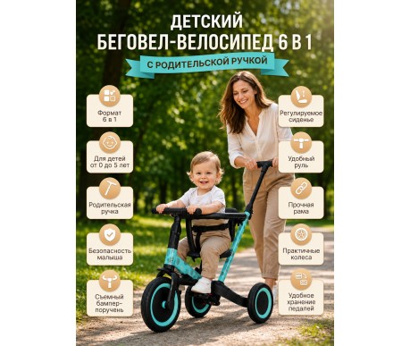 Детский беговел-велосипед 6в1 с родительской ручкой, зеленый с рисунком - TR008-CYAN-PAINT