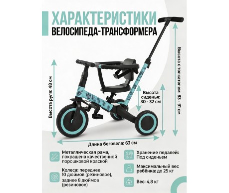 Детский беговел-велосипед 6в1 с родительской ручкой, зеленый с рисунком - TR008-CYAN-PAINT